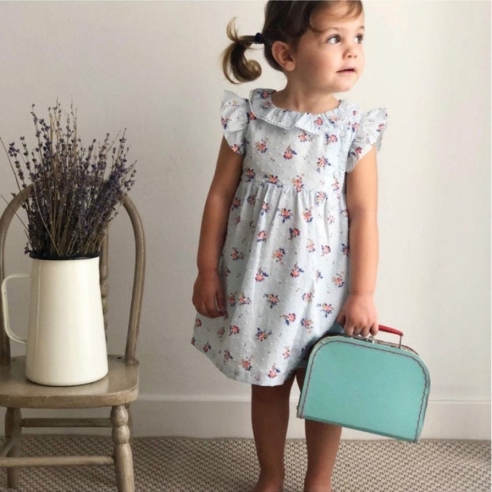 Petite Lucette French designer girls soft cotton lace trim floral dress
